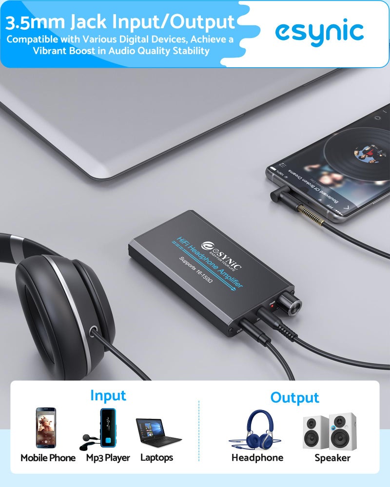 eSynic 16-150Î© Headphone Amplifier Poratble- HiFi 3.5MM Audio Headphone Amp Rechargeable with 2-Stage Gain Switch-Aluminum Alloy Body & 12H Playtime for Car/MP3&4/Phone/PC/Laptop (3.5mm AUX) - Image 3